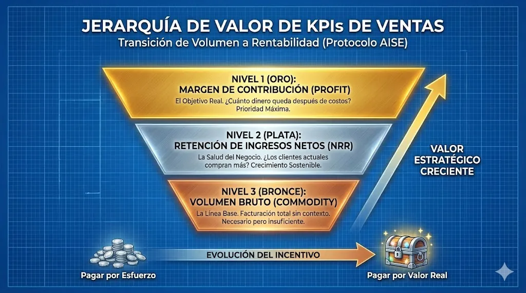 Jerarquía de métricas de ventas priorizando margen sobre volumen